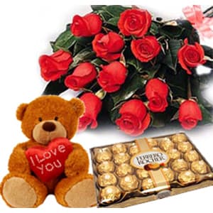 12 Red Roses Teddy Bear n Ferrero Rocher Chocolate